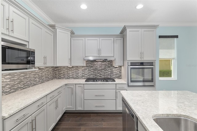 9805 SW 95th Loop, Ocala, FL 34481 - kitchen with stainless steel appliances, ornamental molding, dark wood finished floors, decorative backsplash, and under cabinet range hood
