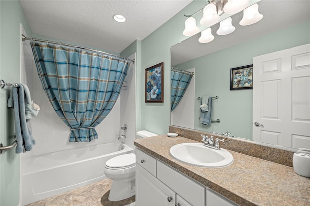 1204 Flamingo Pl, The Villages, FL 32162 - bathroom with shower / bath combination with curtain, vanity, toilet, a textured ceiling, and a chandelier