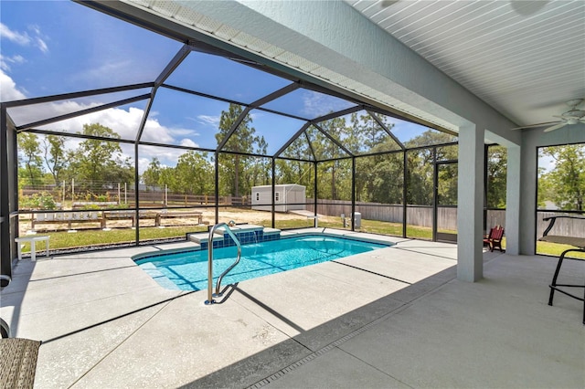 12392 SW 85th Pl, Dunnellon, FL 34432 - view of pool featuring a patio area, ceiling fan, a fenced backyard, and a storage unit