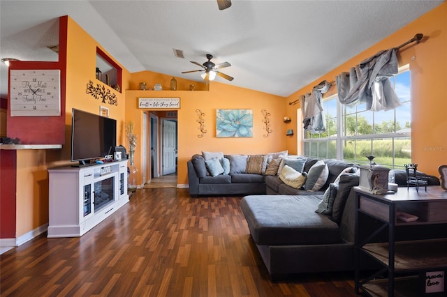 32 Dogwood Drive Loop, Ocala, FL 34472 - living room featuring ceiling fan, dark wood-style flooring, and vaulted ceiling
