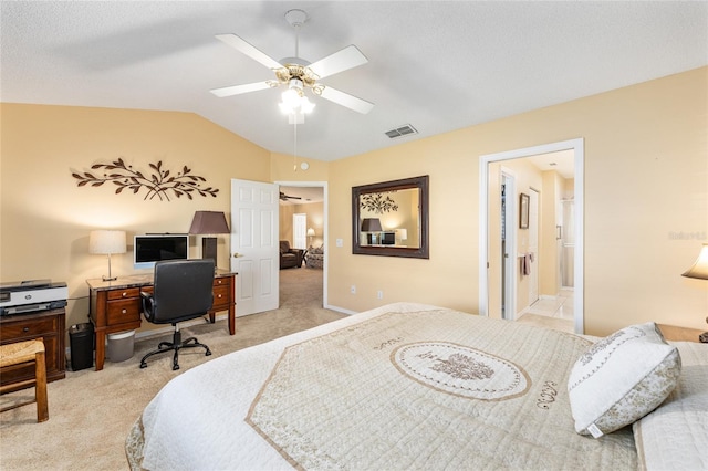 8554 SW 63rd Ct, Ocala, FL 34476 - bedroom with light carpet, a desk, vaulted ceiling, and ceiling fan