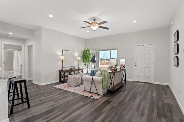 9131 Canter Path, Sebring, FL 33870 - living room featuring dark wood-style floors, ceiling fan, and recessed lighting