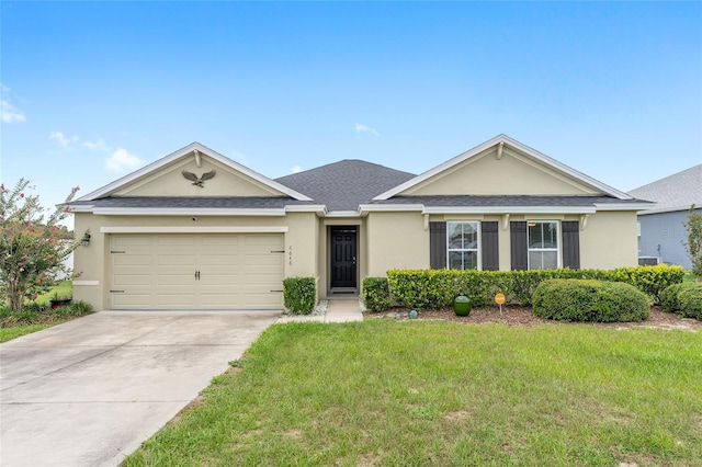 6646 SW 64th Ave, Ocala, FL 34476 - ranch-style house with a front yard, stucco siding, driveway, an attached garage, and roof with shingles
