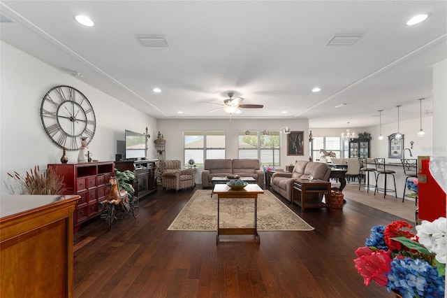 6646 SW 64th Ave, Ocala, FL 34476 - living area featuring a ceiling fan, recessed lighting, dark wood finished floors, and a chandelier