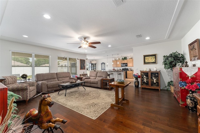 6646 SW 64th Ave, Ocala, FL 34476 - living room with ceiling fan, dark wood-type flooring, recessed lighting, and a textured ceiling