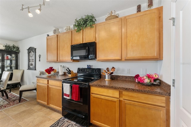 6646 SW 64th Ave, Ocala, FL 34476 - kitchen featuring black appliances, dark countertops, light tile patterned floors, and a textured ceiling