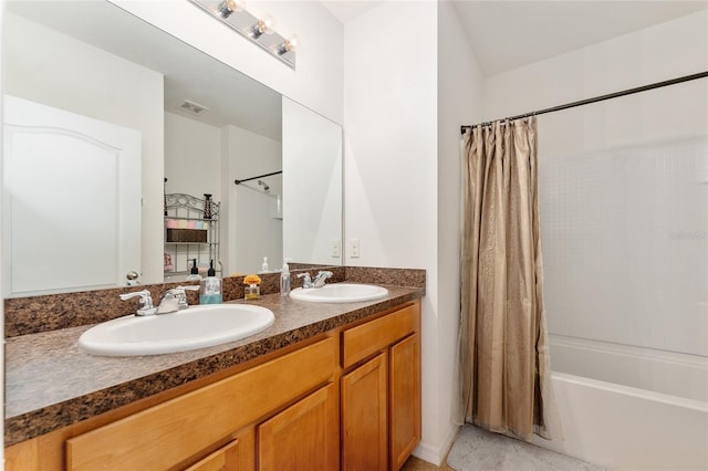 6646 SW 64th Ave, Ocala, FL 34476 - bathroom featuring double vanity, shower / tub combo with curtain, and tile patterned flooring