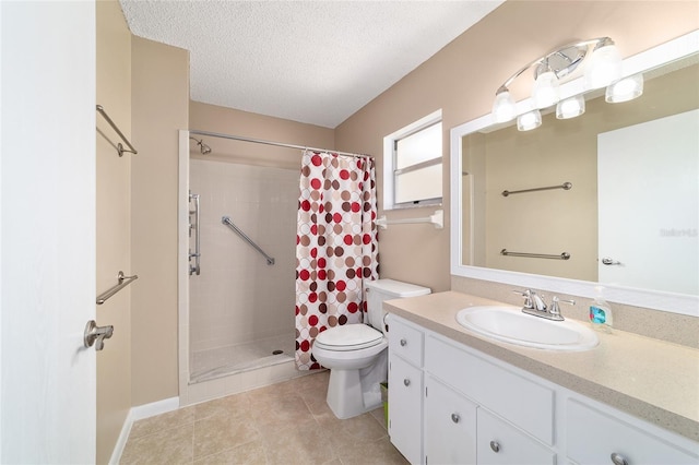 8431 SW 93rd Pl Unit F, Ocala, FL 34481 - bathroom featuring a stall shower, vanity, toilet, tile patterned floors, and a textured ceiling