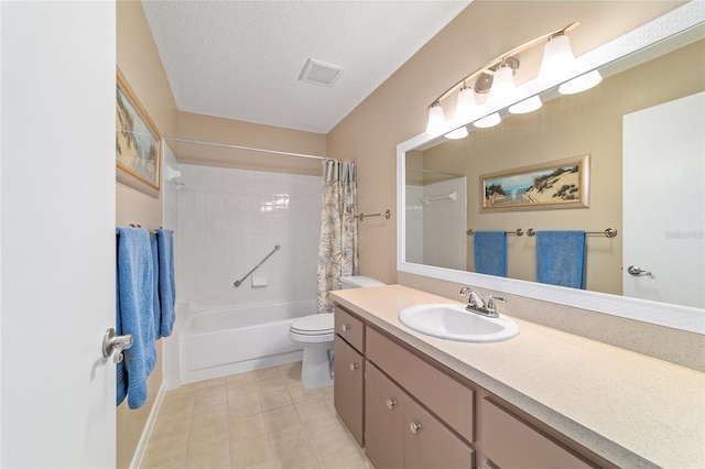 8431 SW 93rd Pl Unit F, Ocala, FL 34481 - bathroom with shower / bathtub combination with curtain, vanity, tile patterned flooring, toilet, and a textured ceiling