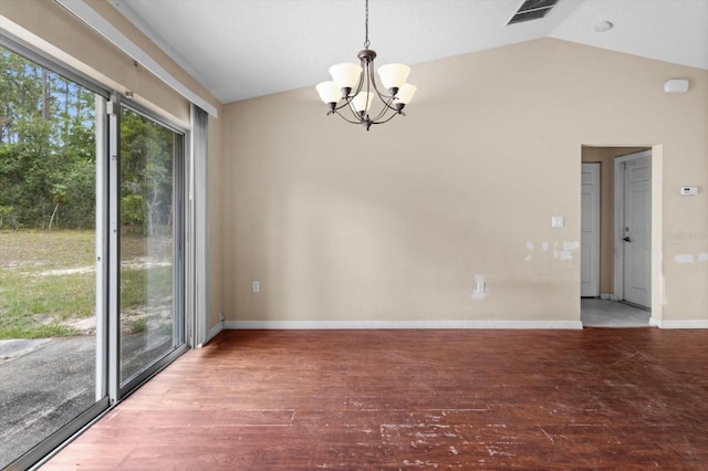 23340 NW Columbine Ave, Dunnellon, FL 34431 - unfurnished room with vaulted ceiling, a chandelier, healthy amount of natural light, wood finished floors, and baseboards