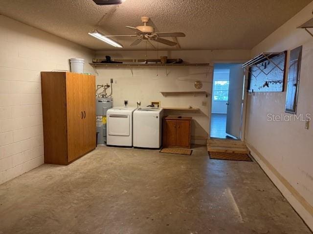 9722 SW 95th Ct Unit C, Ocala, FL 34481 - laundry area with a textured ceiling, separate washer and dryer, electric water heater, ceiling fan, and concrete block wall