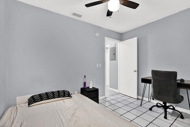6816 Thomas Cir, Tampa, FL 33619 - bedroom with light tile patterned floors, a ceiling fan, and electric panel