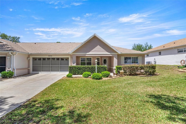 9735 SW 96th St, Ocala, FL 34481 - ranch-style home with an attached garage, driveway, a front yard, and stucco siding