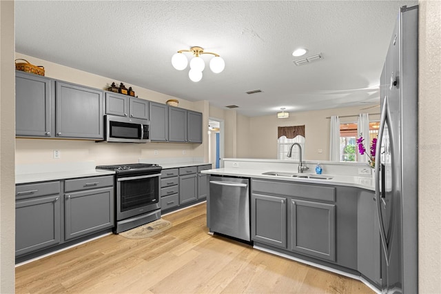 8034 SW 81st Loop, Ocala, FL 34476 - kitchen with appliances with stainless steel finishes, gray cabinetry, light wood-type flooring, light countertops, and a peninsula