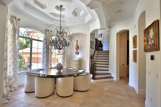 695 SE 47th Loop, Ocala, FL 34480 - dining room with ornamental molding, arched walkways, light tile patterned flooring, stairway, and a chandelier