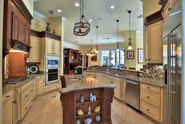 695 SE 47th Loop, Ocala, FL 34480 - kitchen with stainless steel appliances, cream cabinets, crown molding, recessed lighting, and backsplash