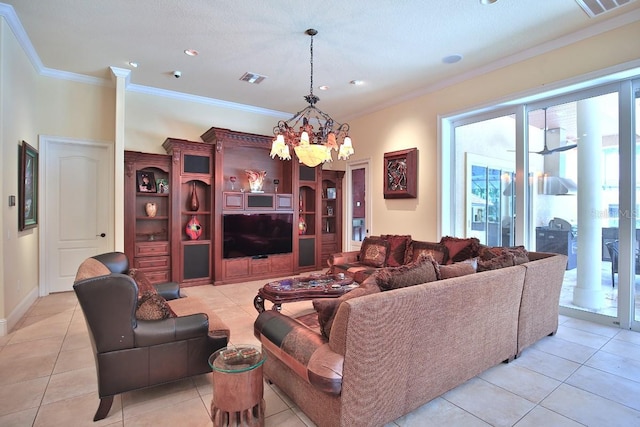 695 SE 47th Loop, Ocala, FL 34480 - living room featuring a chandelier, light tile patterned flooring, crown molding, and recessed lighting
