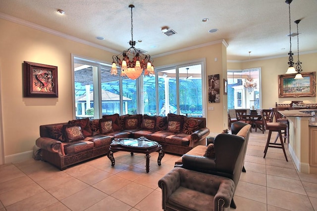 695 SE 47th Loop, Ocala, FL 34480 - living room with a chandelier, light tile patterned floors, ornamental molding, and a textured ceiling