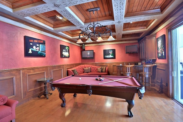 695 SE 47th Loop, Ocala, FL 34480 - rec room with beam ceiling, light wood-style flooring, coffered ceiling, billiards table, and ornamental molding