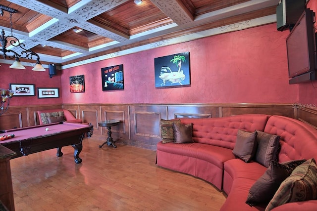 695 SE 47th Loop, Ocala, FL 34480 - playroom featuring coffered ceiling, a wood ceiling with exposed beams, wood finished floors, a wainscoted wall, and billiards