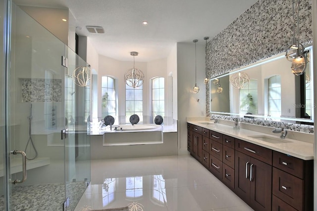 695 SE 47th Loop, Ocala, FL 34480 - full bath featuring double vanity, a stall shower, a garden tub, tile patterned floors, and recessed lighting