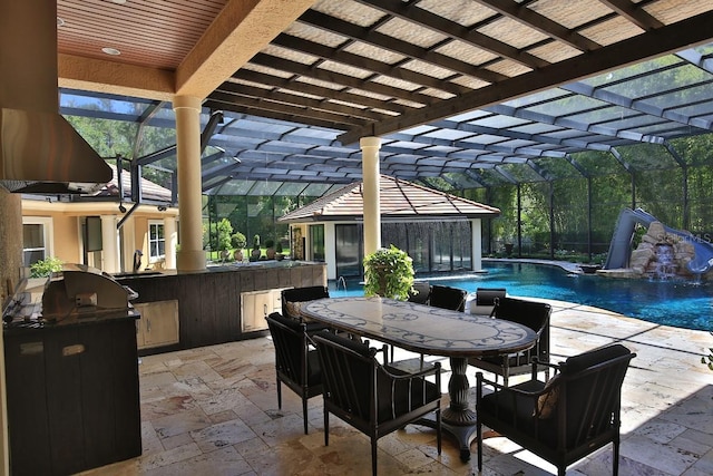 695 SE 47th Loop, Ocala, FL 34480 - view of patio / terrace with area for grilling, an outdoor pool, outdoor dining area, and glass enclosure