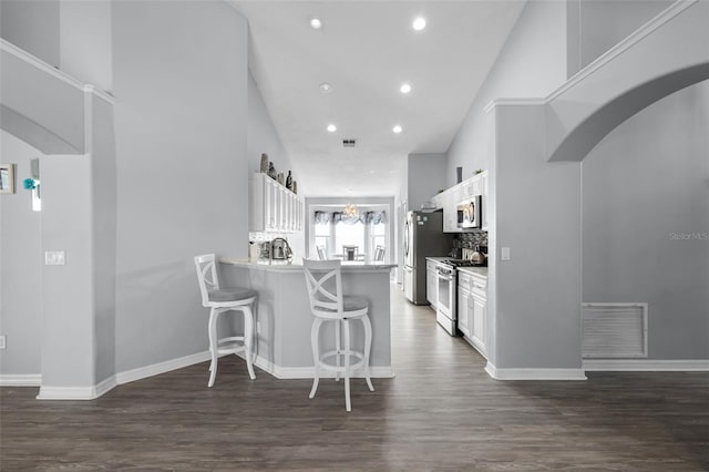 1584 Silhouette Dr, Clermont, FL 34711 - kitchen featuring appliances with stainless steel finishes, a kitchen breakfast bar, high vaulted ceiling, white cabinets, and dark wood-type flooring