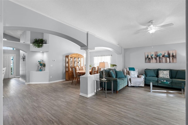 1584 Silhouette Dr, Clermont, FL 34711 - living room featuring a ceiling fan, plenty of natural light, wood finished floors, and a textured ceiling