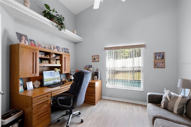 1584 Silhouette Dr, Clermont, FL 34711 - office area featuring high vaulted ceiling, light wood finished floors, and ceiling fan