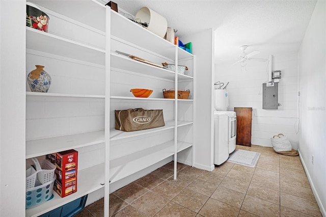 12178 Palmetto Way, Dunnellon, FL 34432 - washroom with electric panel, washer / dryer, a ceiling fan, water heater, and stone finish floors