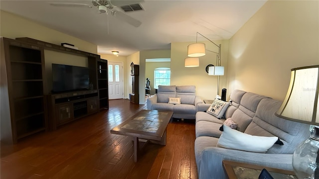 9490 SW 94th Ct, Ocala, FL 34481 - living area with ceiling fan and dark wood-type flooring
