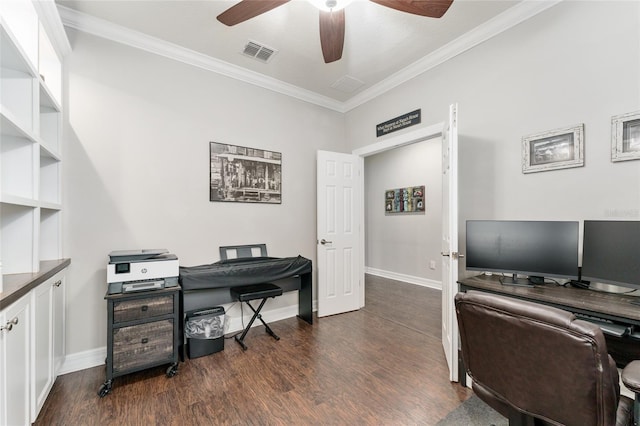 7839 SW 97th Cir, Ocala, FL 34481 - office featuring crown molding, dark wood-style floors, and ceiling fan
