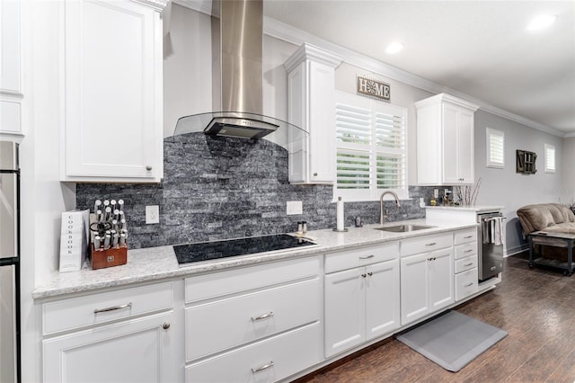 7839 SW 97th Cir, Ocala, FL 34481 - kitchen featuring wall chimney range hood, ornamental molding, black electric stovetop, dishwasher, and white cabinetry