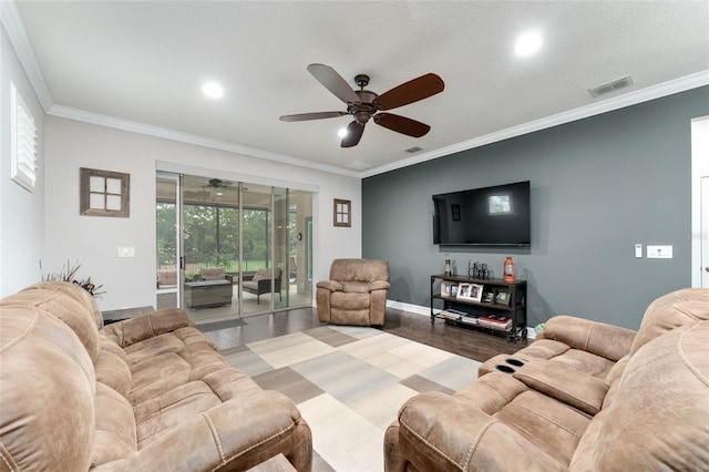 7839 SW 97th Cir, Ocala, FL 34481 - living room featuring a ceiling fan, wood finished floors, crown molding, and recessed lighting