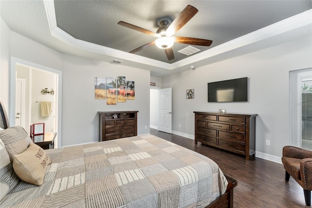 7839 SW 97th Cir, Ocala, FL 34481 - bedroom with a raised ceiling, wood finished floors, ornamental molding, ceiling fan, and connected bathroom