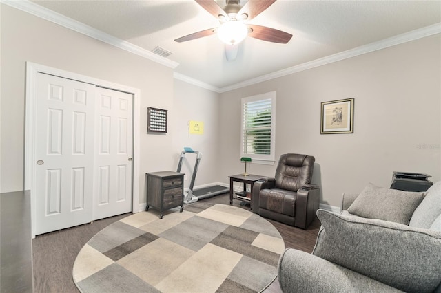 7839 SW 97th Cir, Ocala, FL 34481 - living area with ornamental molding, ceiling fan, and wood finished floors
