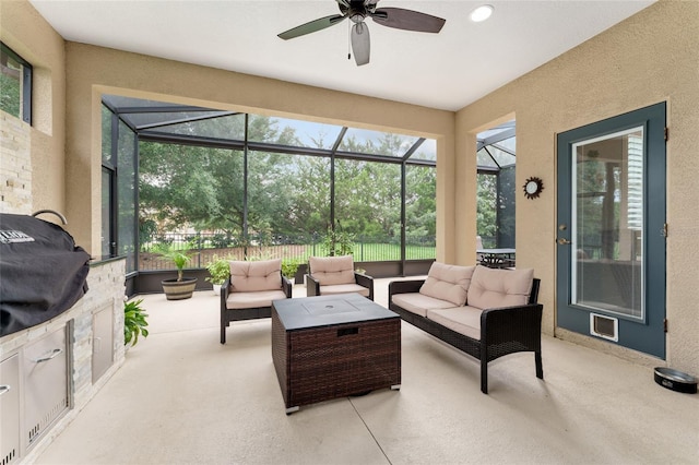 7839 SW 97th Cir, Ocala, FL 34481 - sunroom / solarium featuring a ceiling fan and outdoor lounge area
