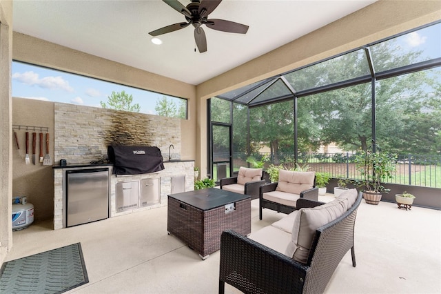 7839 SW 97th Cir, Ocala, FL 34481 - view of patio / terrace featuring an outdoor kitchen, an outdoor hangout area, a lanai, and ceiling fan