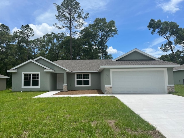 8795 Juniper Rd, Ocala, FL 34480 - ranch-style house featuring stucco siding, a garage, a shingled roof, stone siding, and driveway
