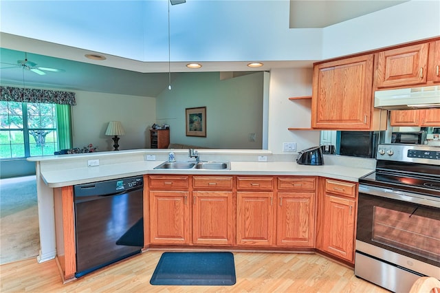 585 W Barrymore Dr, Beverly Hills, FL 34465 - kitchen featuring black appliances, under cabinet range hood, a peninsula, ceiling fan, and open shelves
