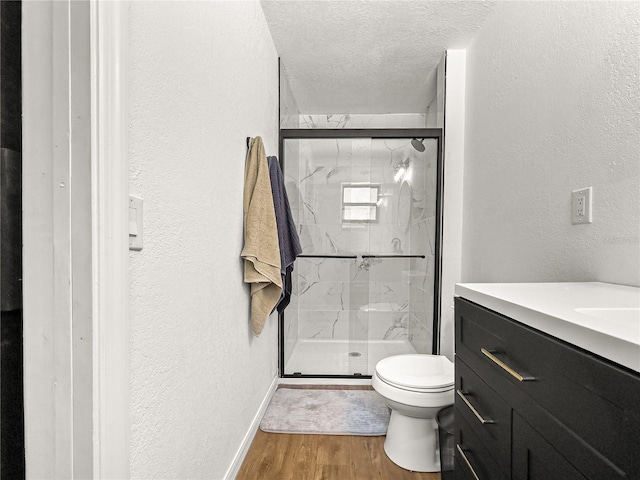 802 NE 39th Ct, Ocala, FL 34470 - full bathroom with wood finished floors, a marble finish shower, vanity, a textured ceiling, and a textured wall