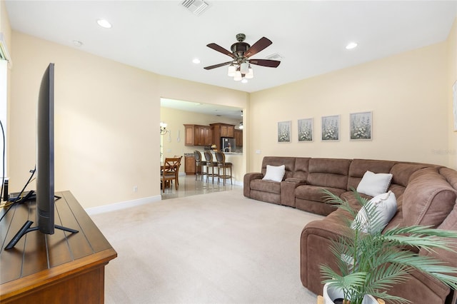 5024 SW 114th Street Rd, Ocala, FL 34476 - living room with light carpet, a ceiling fan, and recessed lighting