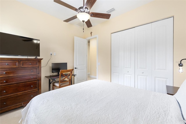 5024 SW 114th Street Rd, Ocala, FL 34476 - bedroom featuring a closet, ceiling fan, and light colored carpet