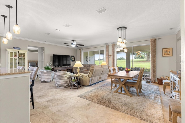 9925 SW 95th Loop, Ocala, FL 34481 - dining room featuring crown molding, plenty of natural light, a ceiling fan, a textured ceiling, and a chandelier