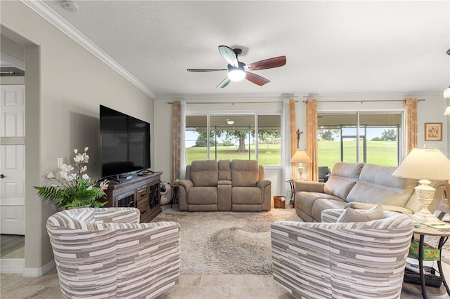 9925 SW 95th Loop, Ocala, FL 34481 - living area with a ceiling fan, crown molding, and a textured ceiling