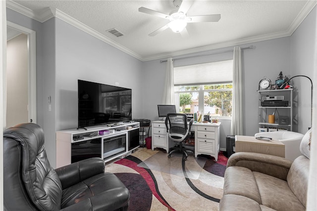 9925 SW 95th Loop, Ocala, FL 34481 - home office featuring light carpet, ceiling fan, crown molding, and a textured ceiling
