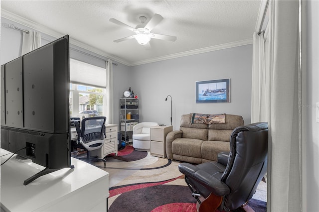 9925 SW 95th Loop, Ocala, FL 34481 - living room with crown molding, ceiling fan, and a textured ceiling