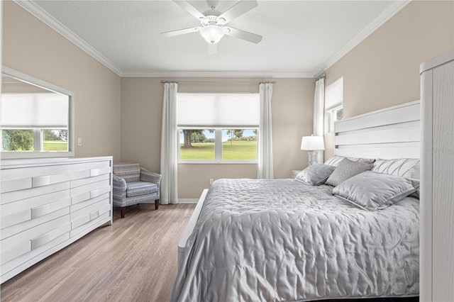 9925 SW 95th Loop, Ocala, FL 34481 - bedroom with wood finished floors, crown molding, multiple windows, a ceiling fan, and a textured ceiling