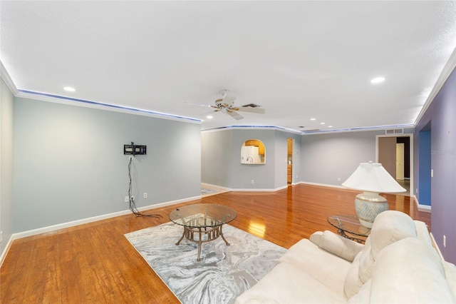 9085 SW 96th Ln Unit B, Ocala, FL 34481 - living room featuring ornamental molding, ceiling fan, wood finished floors, and recessed lighting