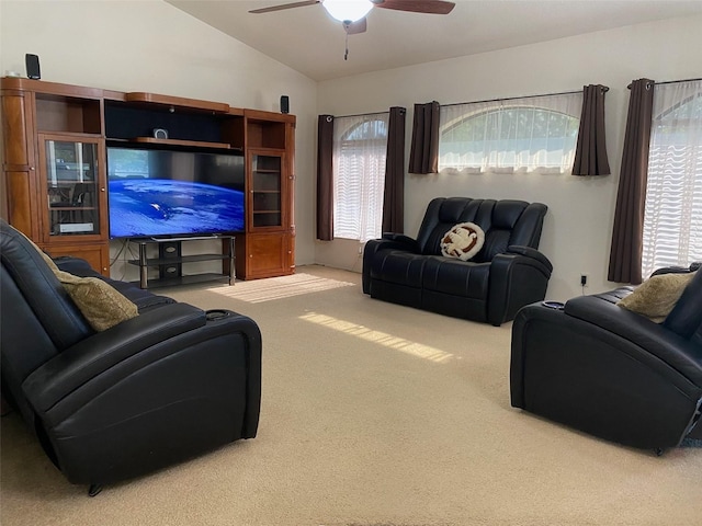 9923 SE 64th Ave, Belleview, FL 34420 - carpeted living room with vaulted ceiling and a ceiling fan